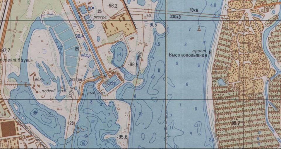 Глубины Днепра в районе Киева. Масштаб 1 см 250 м. Глубины 1989
