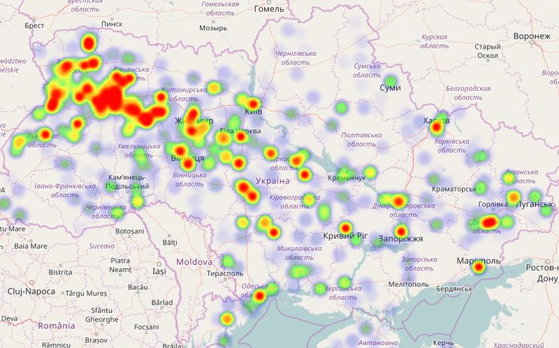 Karte von Namen Карта распространения фамилий по Украине