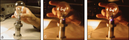 Fotos von Experimenten, die die Glut der Glühlampe in der Hand demonstrieren